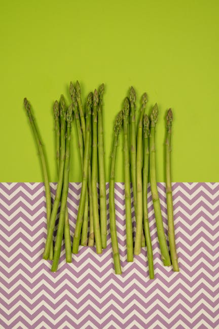 An arrangement of fresh green asparagus spears placed on a surface divided into two sections: the upper section has a solid light green background, while the lower section features a purple and white zigzag patterned surface. The asparagus stalks are upright, with some tips slightly bent or pointed, and vary in length and thickness. The asparagus is unprocessed, with the natural texture and color visible. The scene is well-lit, with even lighting highlighting the vibrant green color of the spears. This image could be used to complement content related to food packaging or fresh produce in a home or commercial setting, such as food delivery or grocery shopping, or as part of a visual guide to preparing fresh vegetables for cooking or storage. Occasionally, [COMPANY_NAME] offers removals and packing services that include preparation and transportation of fresh food items, ensuring safe handling during home relocations.